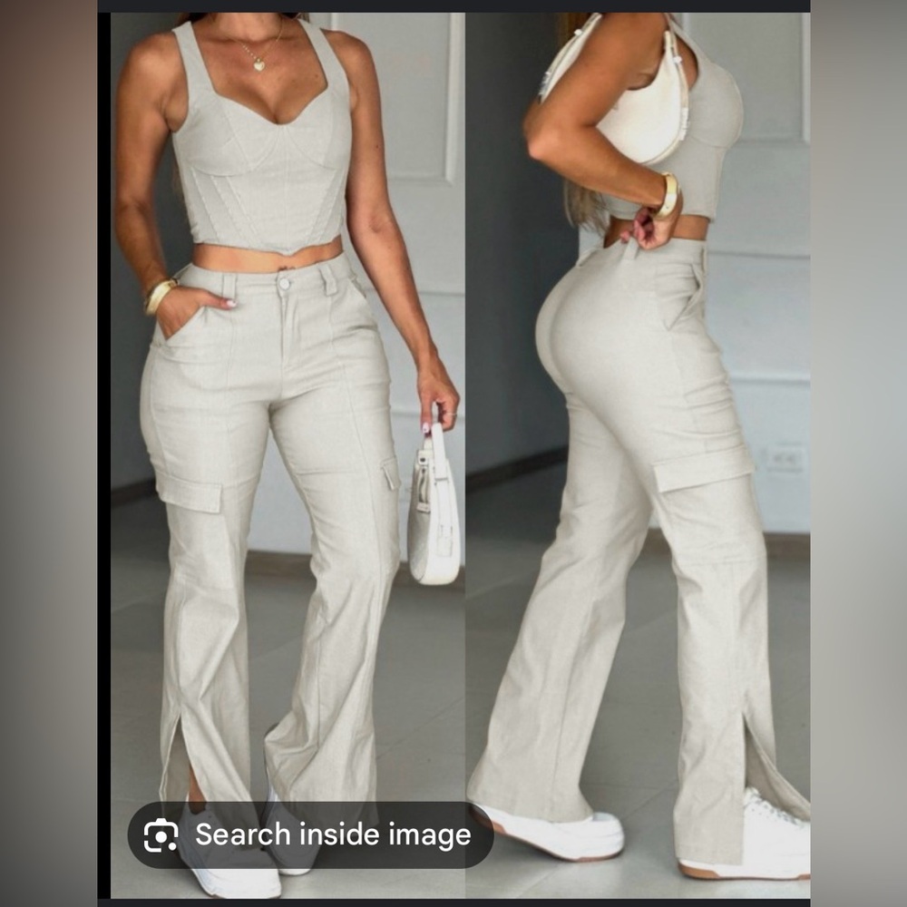 High-Waist Cargo Flare Trousers in Light Beige